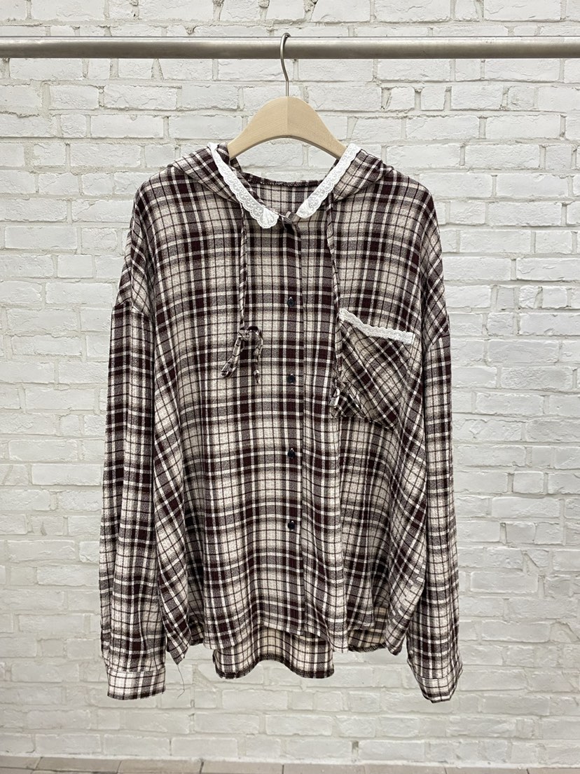COCOMATON韓國直郵㊣女裝新品25秋冬休閑襯衫蕾絲衫格紋連帽COCOMATON襯衫/蕾絲衫圖色1