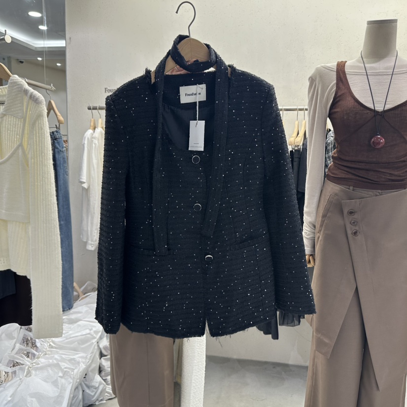 FOUNDATION韓國直郵㊣女士新品職業人氣真品夾克含腰帶粗花呢FOUNDATION夾克圖色2