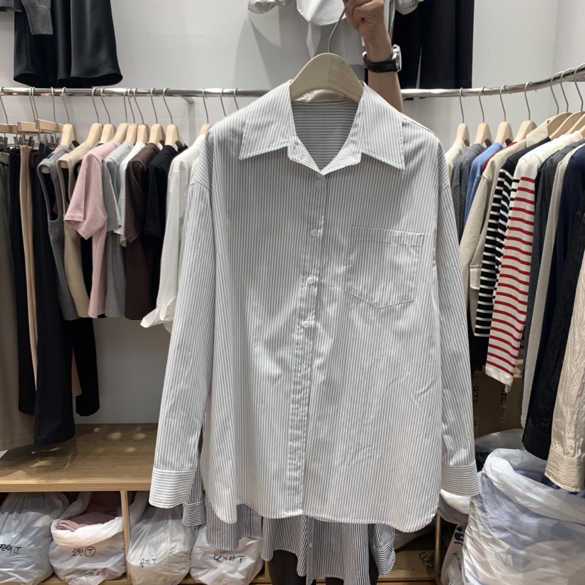MADEMOISELLE(不代購)東大門㊣直郵女士新款休閑襯衫蕾絲衫條紋MADEMOISELL襯衫/蕾絲衫