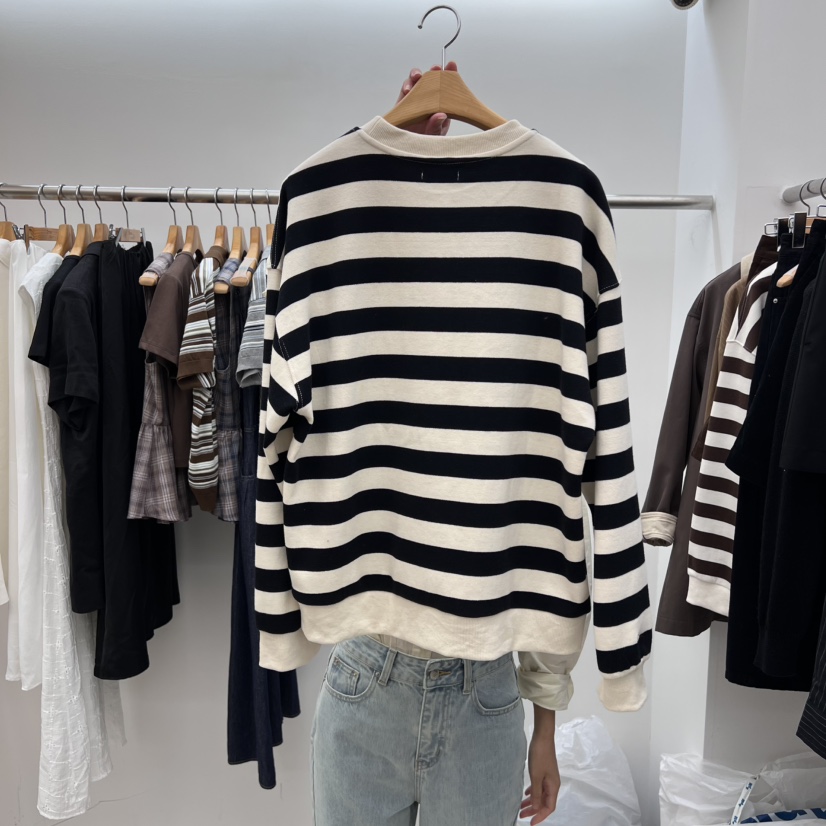 DRESS ROOM韓國代購㊣女裝新款休閑推薦時尚25秋冬衛衣條紋DRESS ROOM衛衣