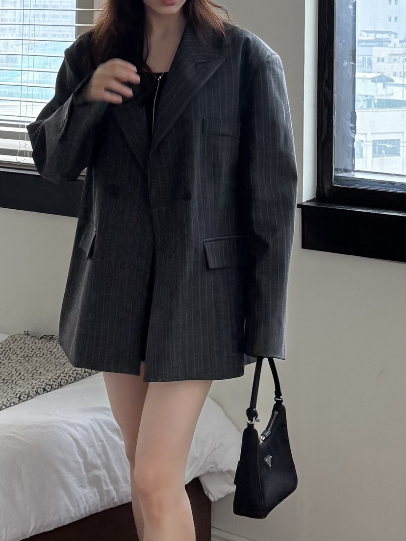 MURREN韓國代購㊣女裝新品真品熱賣時尚25秋冬夾克寬松條紋MURREN夾克