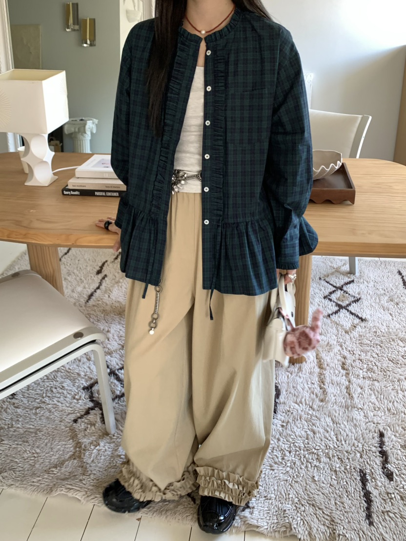 PEBBLE東大門㊣代購女裝新款時尚人氣休閑褲斜紋布荷葉邊天絲PEBBLE/LAYER休閑褲