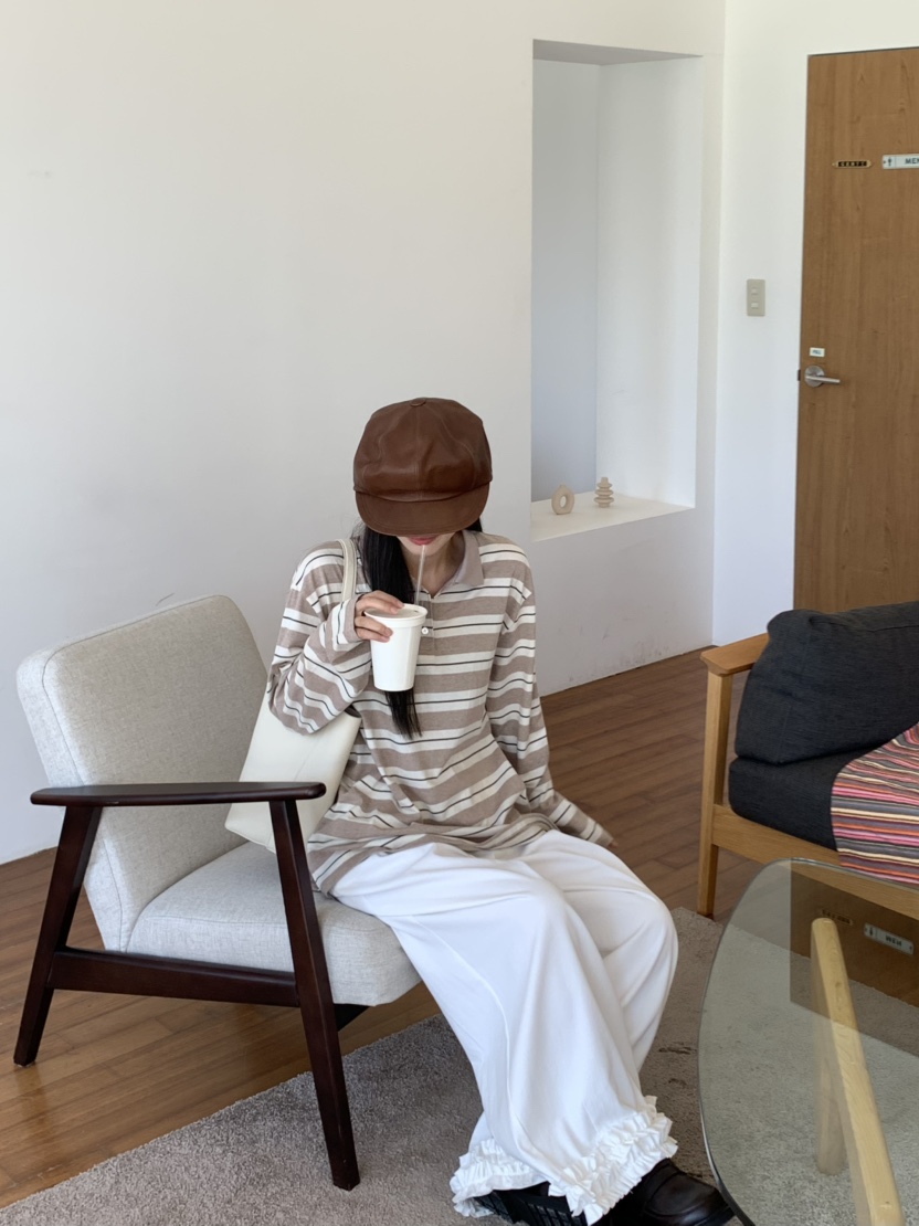 PEBBLE東大門㊣代購女裝新款時尚人氣休閑褲斜紋布荷葉邊天絲PEBBLE/LAYER休閑褲