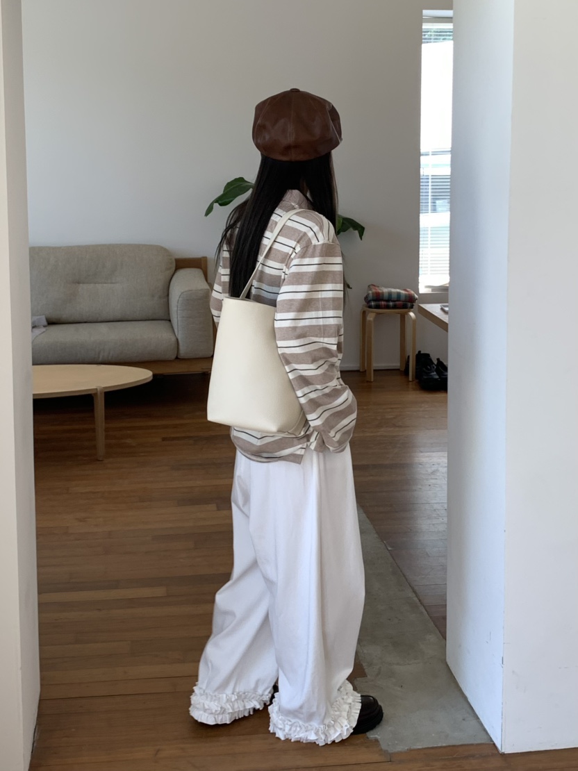 PEBBLE東大門㊣代購女裝新款時尚人氣休閑褲斜紋布荷葉邊天絲PEBBLE/LAYER休閑褲
