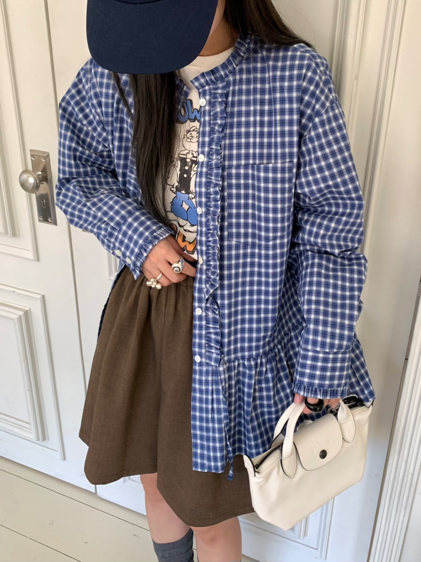 PEBBLE東大門㊣代購女士新款推薦時尚襯衫蕾絲衫荷葉邊高領PEBBLE/LAYER襯衫/蕾絲衫