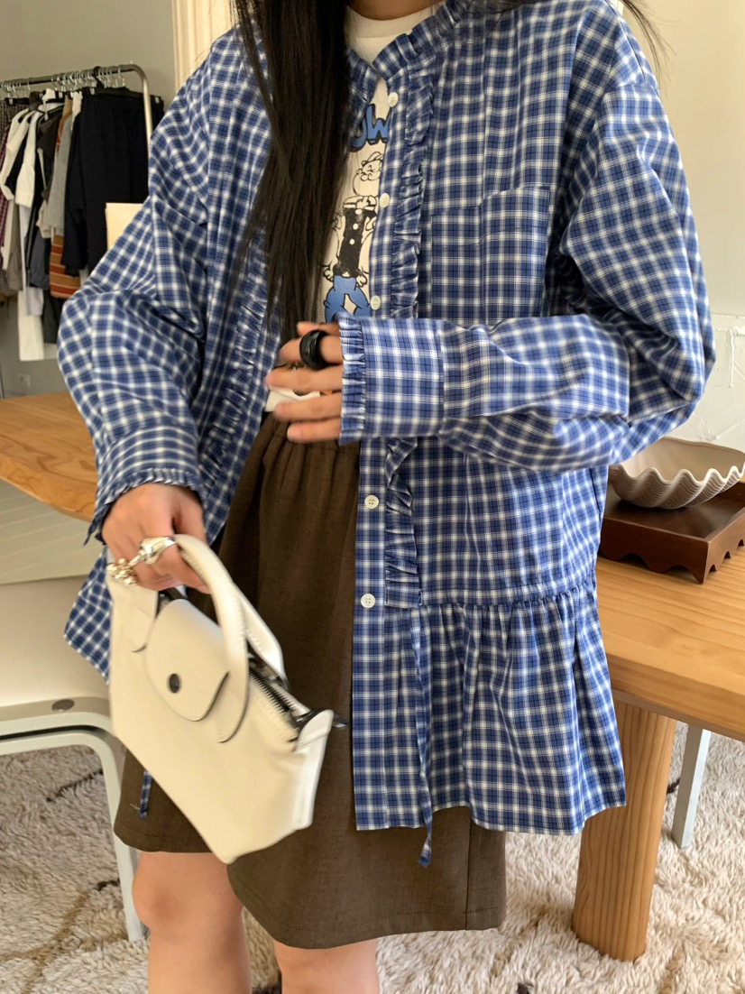 PEBBLE東大門㊣代購女士新款推薦時尚襯衫蕾絲衫荷葉邊高領PEBBLE/LAYER襯衫/蕾絲衫