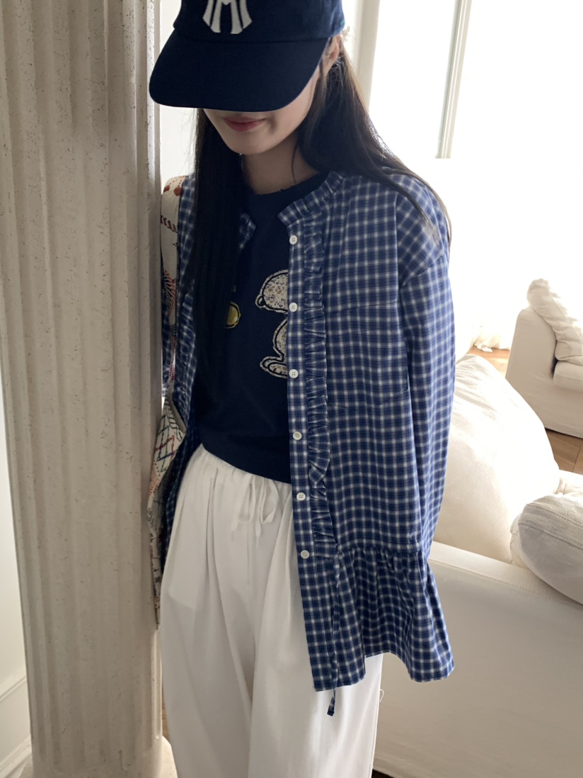 PEBBLE東大門㊣代購女士新款推薦時尚襯衫蕾絲衫荷葉邊高領PEBBLE/LAYER襯衫/蕾絲衫