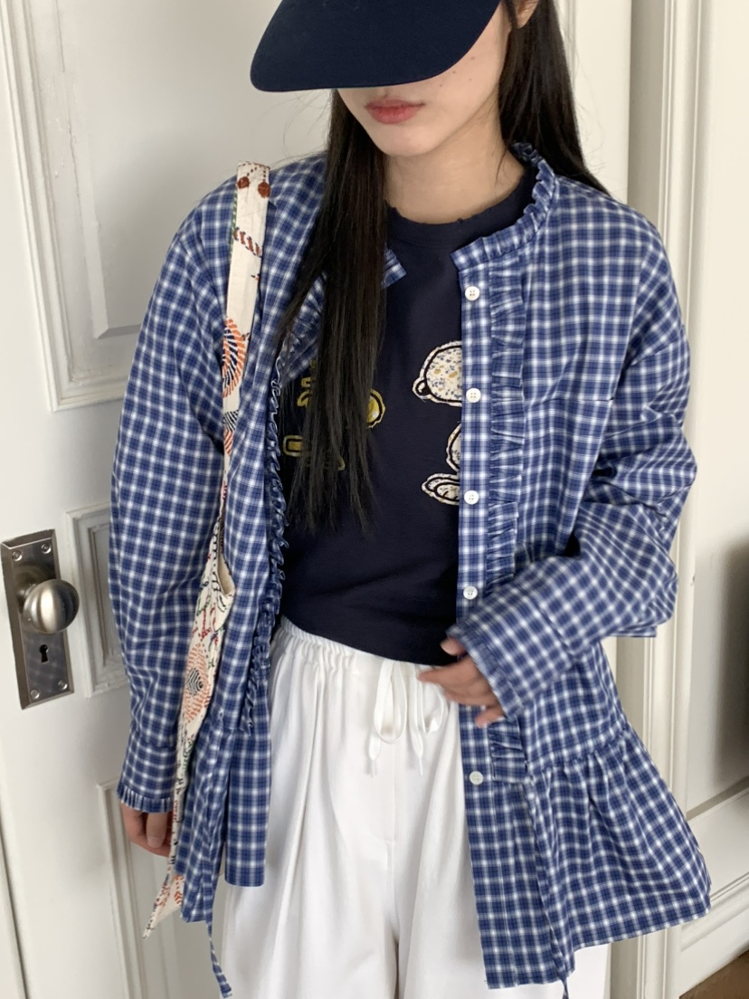 PEBBLE東大門㊣代購女士新款推薦時尚襯衫蕾絲衫荷葉邊高領PEBBLE/LAYER襯衫/蕾絲衫