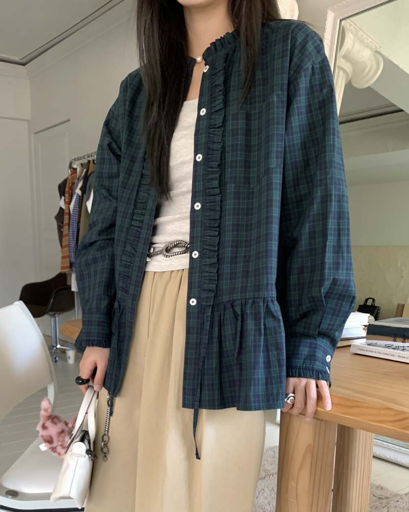 PEBBLE東大門㊣代購女士新款推薦時尚襯衫蕾絲衫荷葉邊高領PEBBLE/LAYER襯衫/蕾絲衫