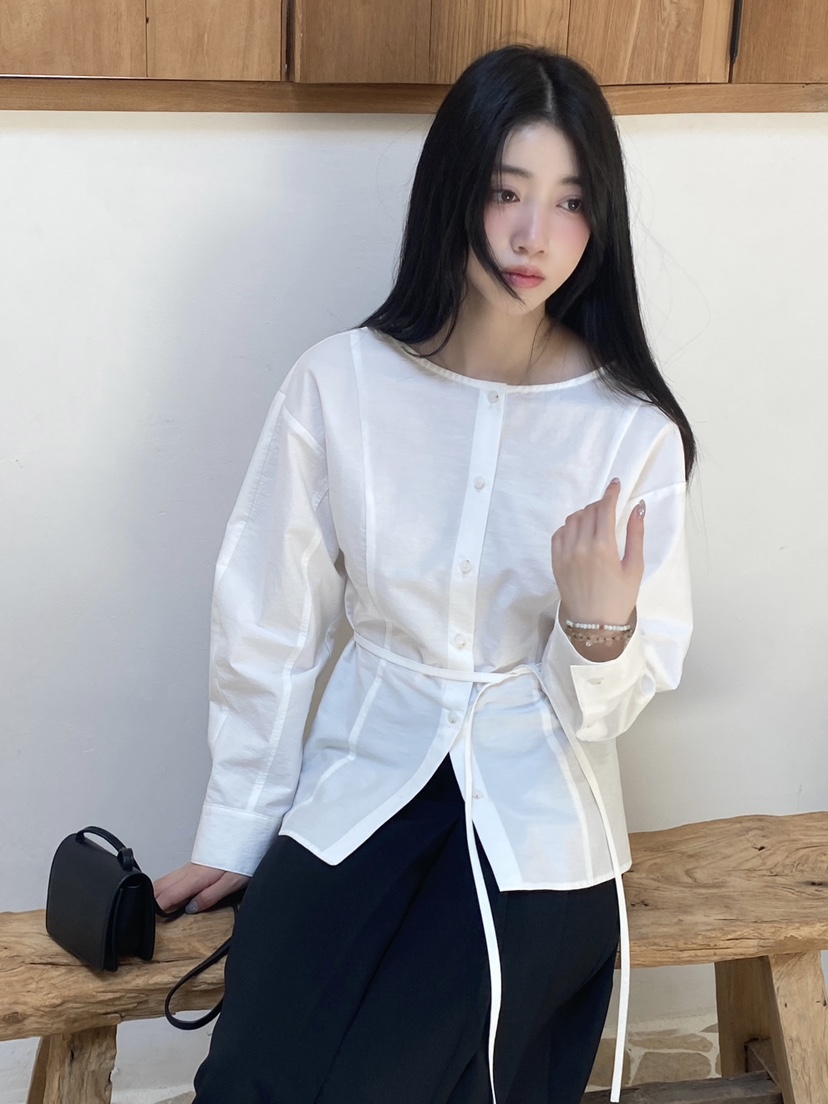NDE韓國直郵㊣女士新款時尚熱賣職業休閑25秋冬襯衫蕾絲衫含腰繩NDE襯衫/蕾絲衫
