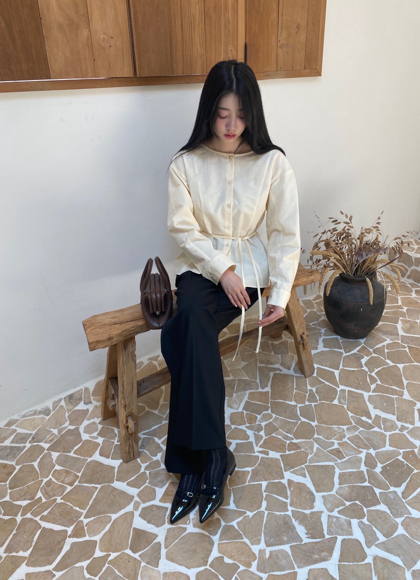 NDE韓國直郵㊣女士新款時尚熱賣職業休閑25秋冬襯衫蕾絲衫含腰繩NDE襯衫/蕾絲衫