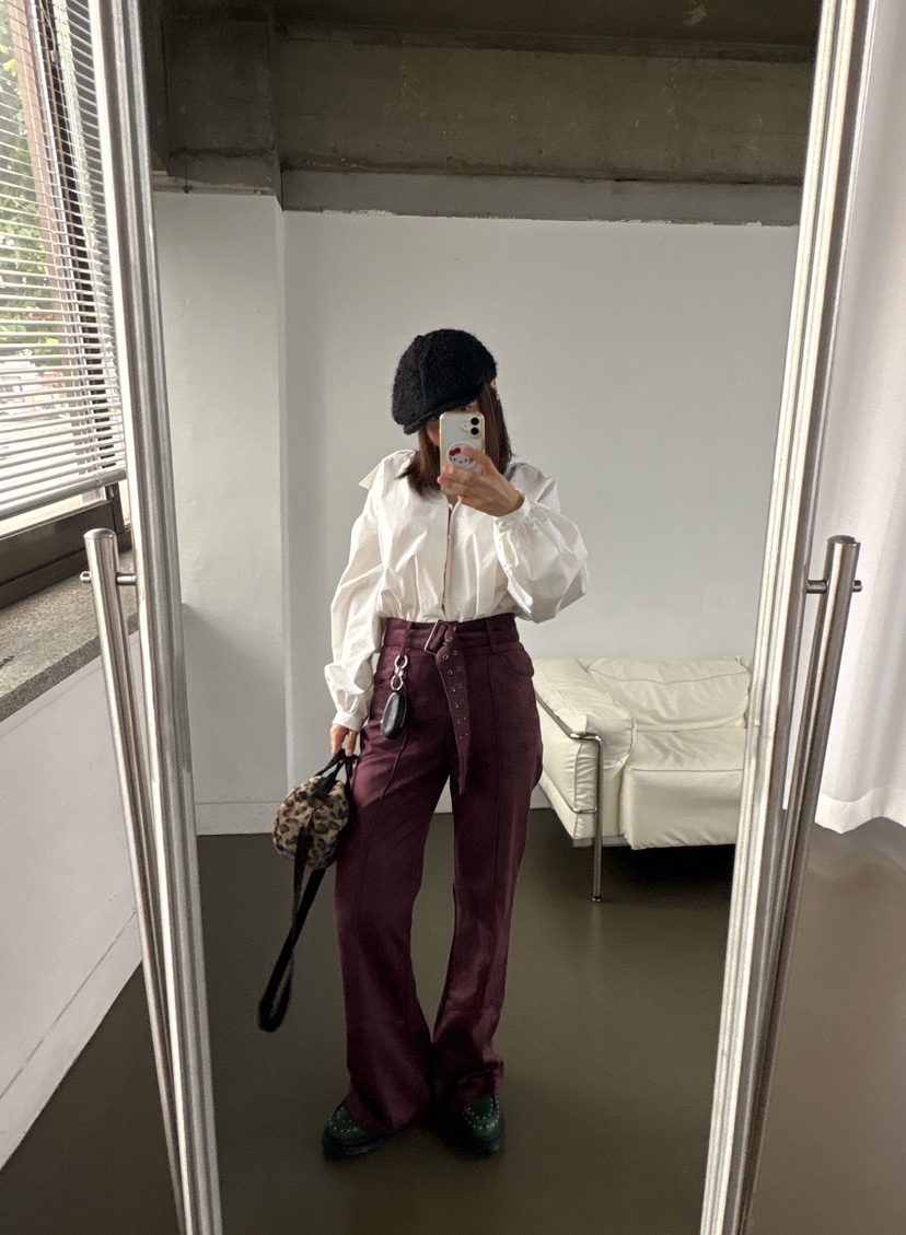 PLATFORM-L韓國直郵㊣女士新品休閑熱賣休閑褲含腰帶絨面革PLATFORM休閑褲