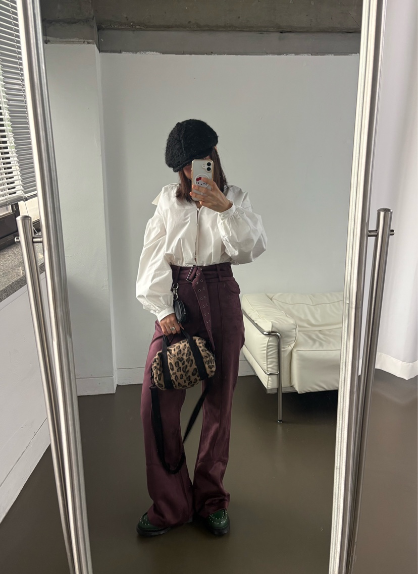 PLATFORM-L韓國直郵㊣女士新品休閑熱賣休閑褲含腰帶絨面革PLATFORM休閑褲