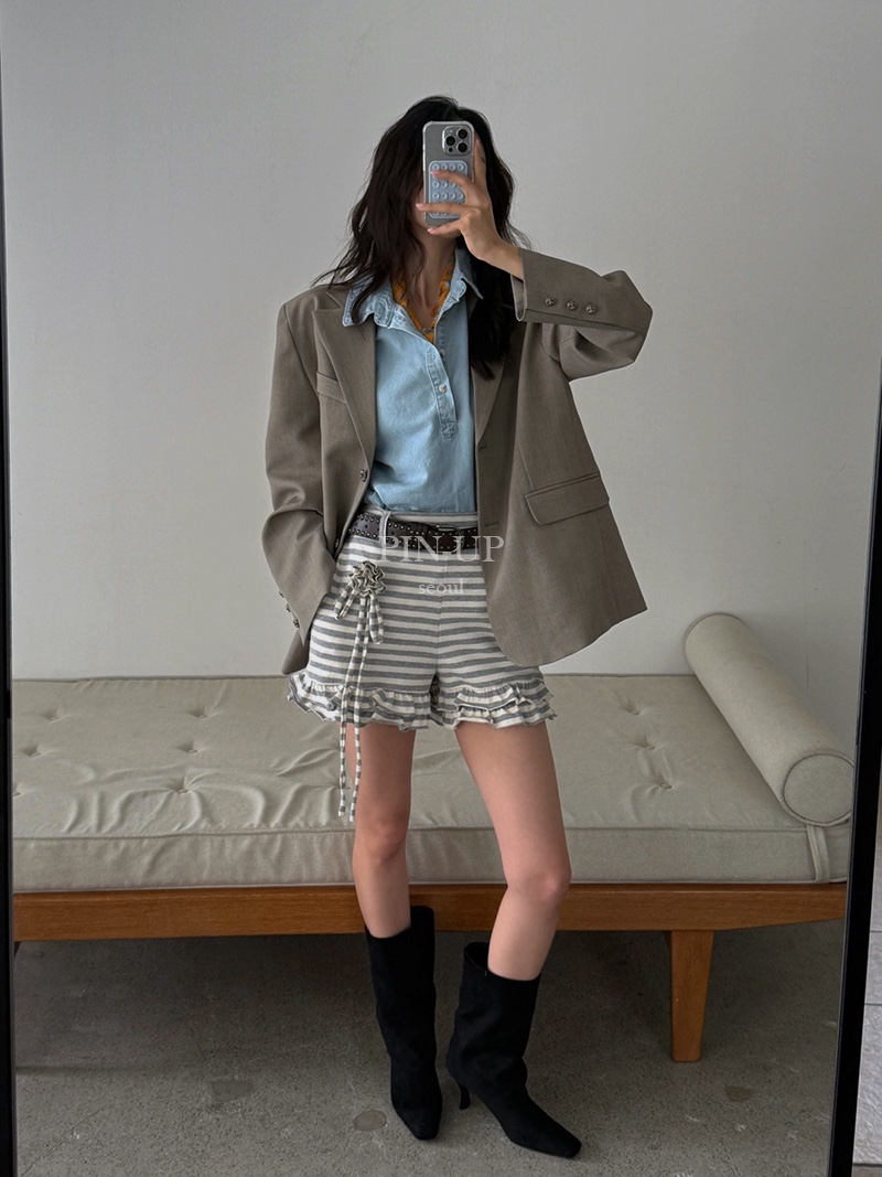 PIN-UP東大門㊣代購女裝新款真品短褲不含腰帶荷葉邊單排扣PIN-UP短褲