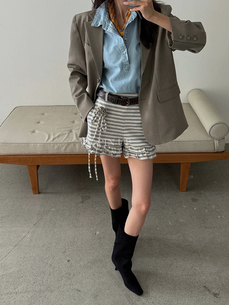 PIN-UP東大門㊣代購女裝新款真品短褲不含腰帶荷葉邊單排扣PIN-UP短褲