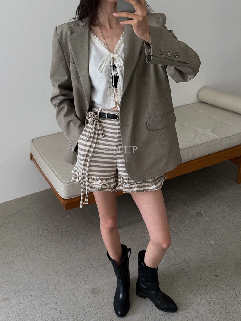PIN-UP東大門㊣代購女裝新款真品短褲不含腰帶荷葉邊單排扣PIN-UP短褲