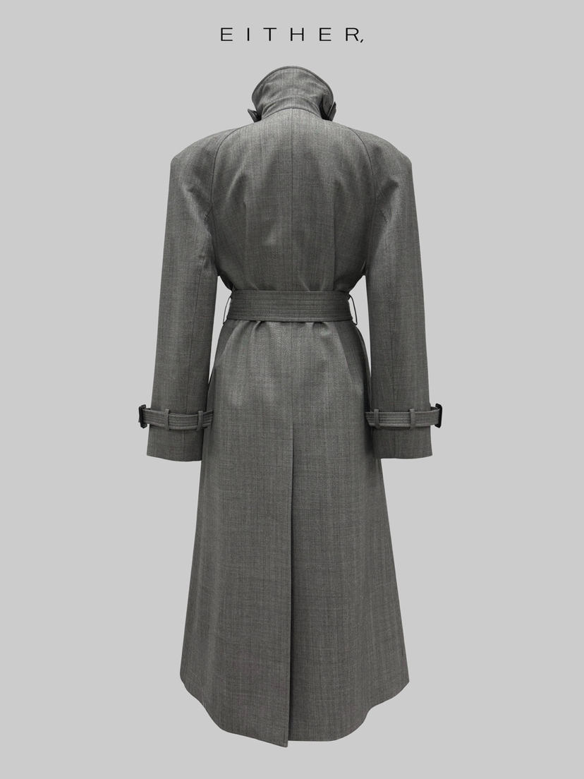 EITHER東大門㊣實拍女裝新品推薦長款風衣人字形含腰帶羊毛EITHER長款風衣