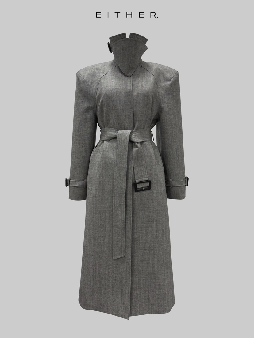 EITHER東大門㊣實拍女裝新品推薦長款風衣人字形含腰帶羊毛EITHER長款風衣圖色1