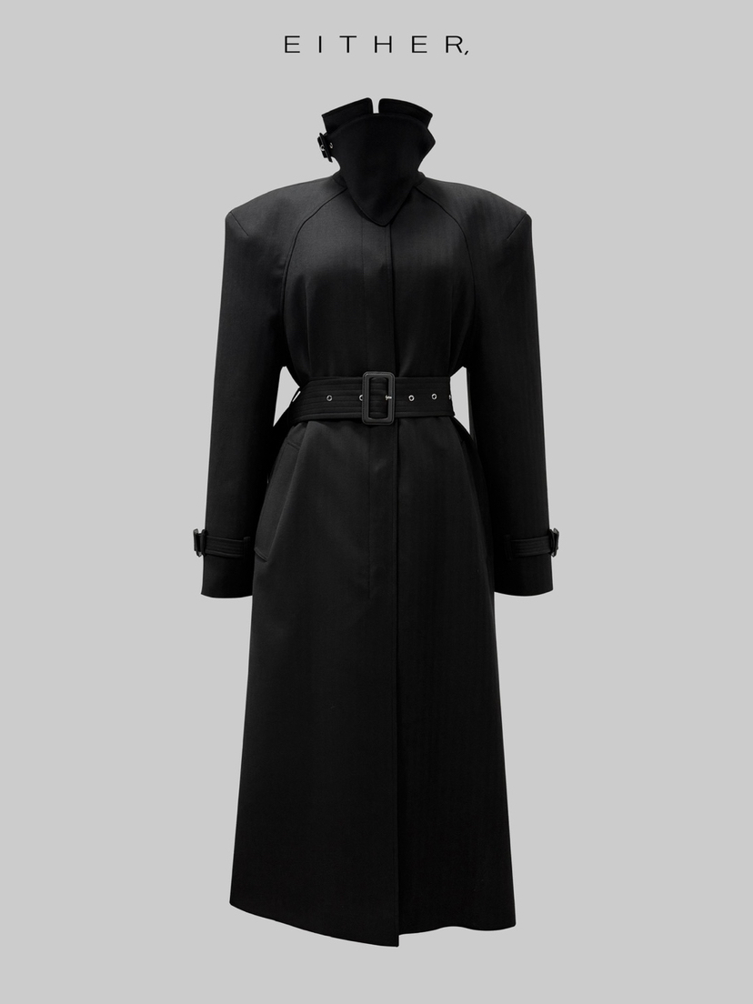 EITHER東大門㊣實拍女裝新品推薦長款風衣人字形含腰帶羊毛EITHER長款風衣圖色2