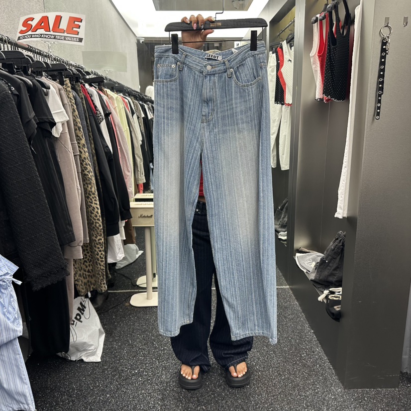 NUEUN韓國代購㊣女士新品25秋冬時尚職業真品人氣牛仔褲條紋NUEUN/SEEOT牛仔褲圖色1