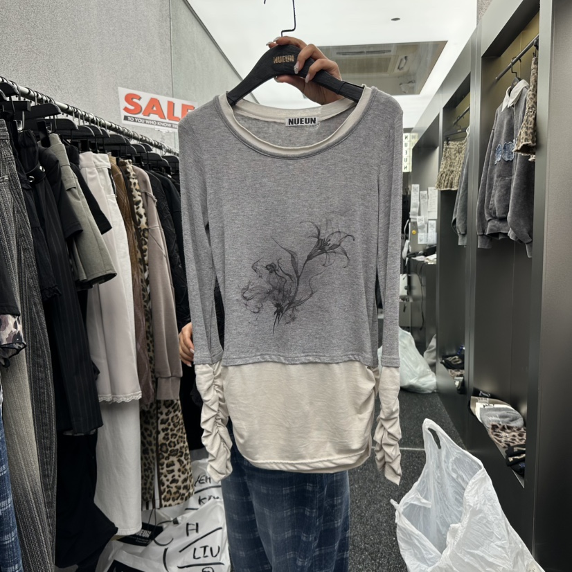 NUEUN韓國代購㊣女士新品時尚熱賣推薦25秋冬長袖T恤假兩件NUEUN/SEEOT長袖T恤圖色2