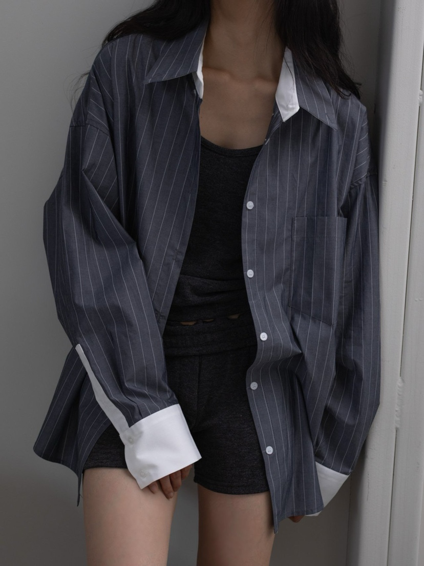 INSSENSE-A韓國代購㊣女士新款時尚休閑人氣襯衫蕾絲衫條紋INSSENSE-A襯衫/蕾絲衫