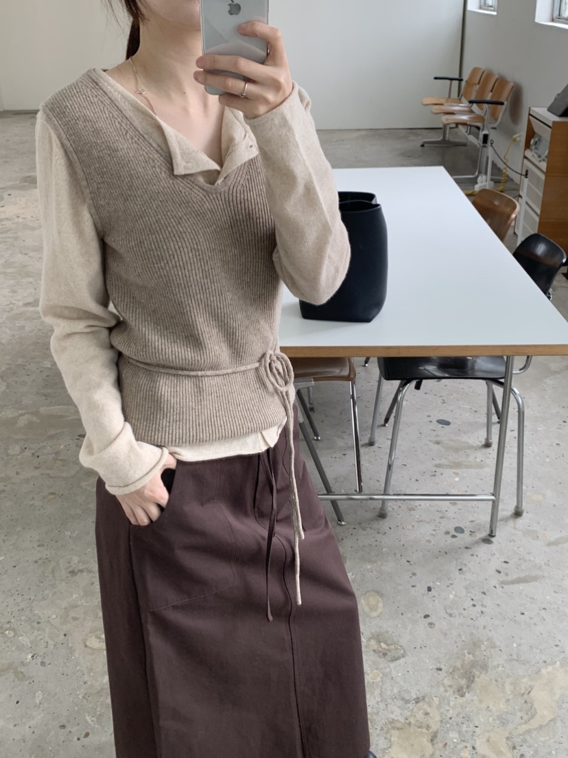 TAF韓國代購㊣女裝新款推薦時尚熱賣職業吊帶背心含腰繩羊絨TAF吊帶/背心