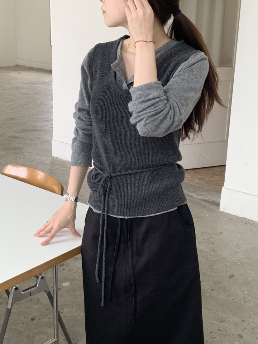 TAF韓國代購㊣女裝新款推薦時尚熱賣職業吊帶背心含腰繩羊絨TAF吊帶/背心