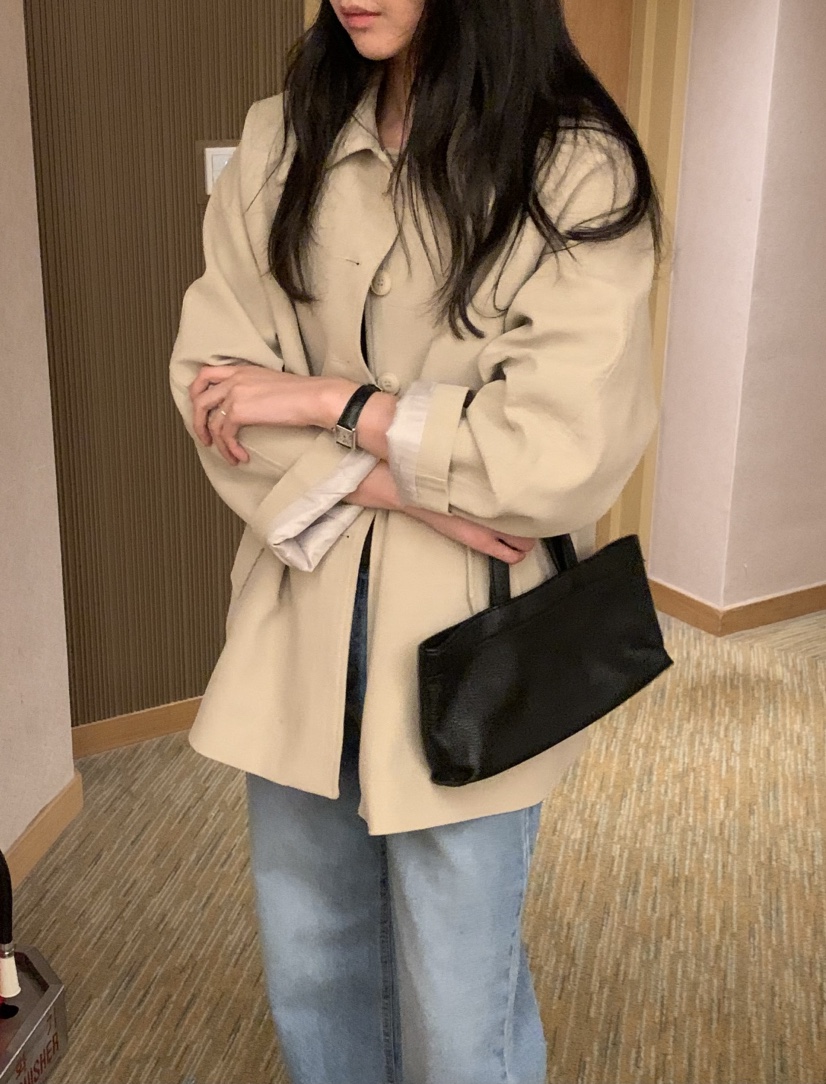 NOUVEAU韓國代購㊣女裝新款職業時尚真品熱賣短款大衣含腰帶NOUVEAU短款大衣