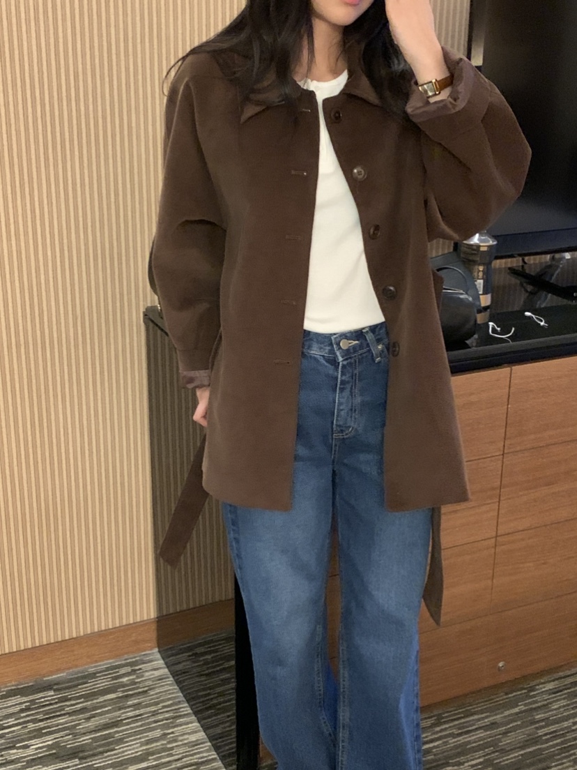 NOUVEAU韓國代購㊣女裝新款職業時尚真品熱賣短款大衣含腰帶NOUVEAU短款大衣