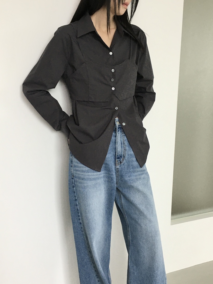 MONDAYMORING東大門㊣實拍女裝新款人氣襯衫蕾絲衫假兩件緊身MONDAYMORING襯衫/蕾絲衫
