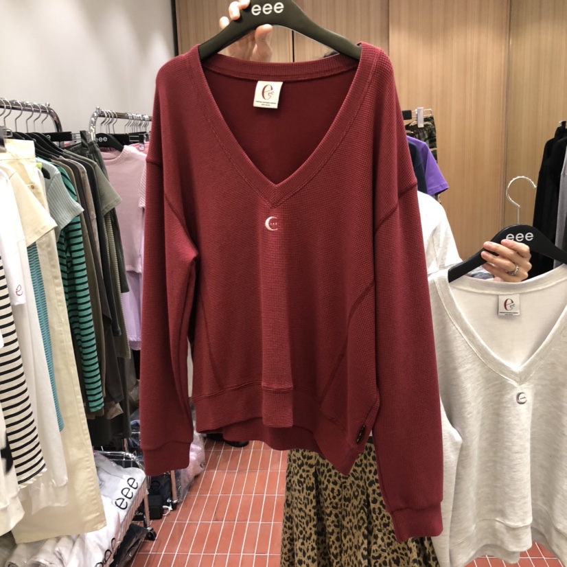 E/E/E韓國代購㊣女裝新款職業熱賣真品休閑25秋冬衛衣V領E/E/E衛衣圖色2