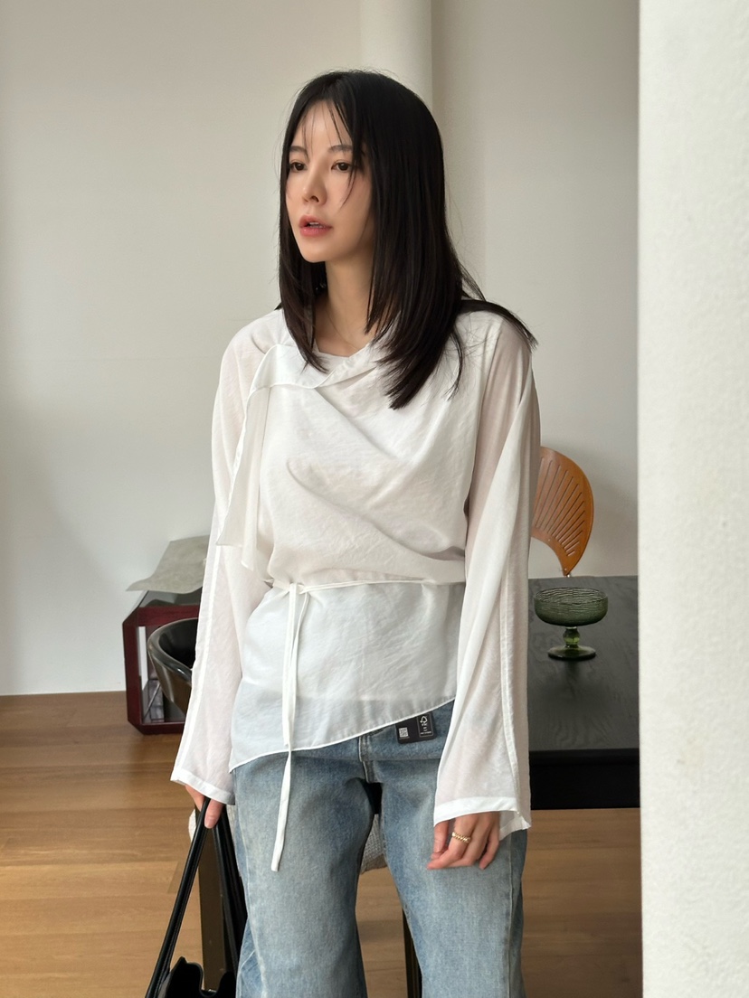 LE VASE韓國代購㊣女士新款人氣推薦時尚襯衫蕾絲衫含腰繩LE VASE襯衫/蕾絲衫