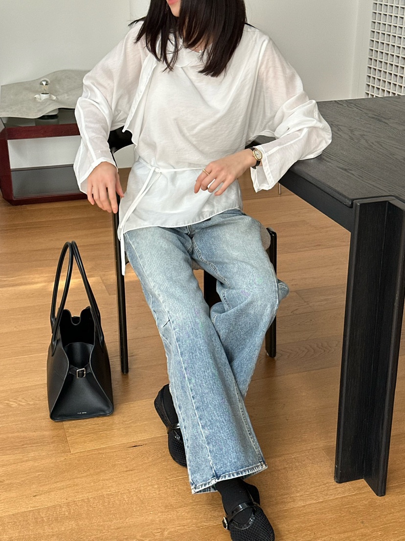 LE VASE韓國代購㊣女士新款人氣推薦時尚襯衫蕾絲衫含腰繩LE VASE襯衫/蕾絲衫