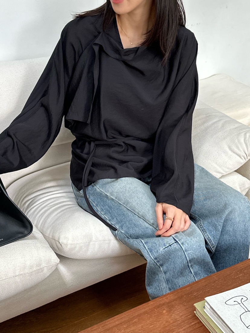 LE VASE韓國代購㊣女士新款人氣推薦時尚襯衫蕾絲衫含腰繩LE VASE襯衫/蕾絲衫