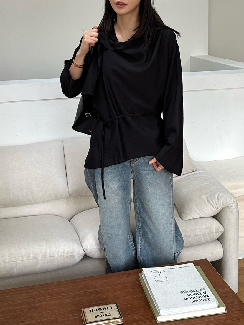 LE VASE韓國代購㊣女士新款人氣推薦時尚襯衫蕾絲衫含腰繩LE VASE襯衫/蕾絲衫
