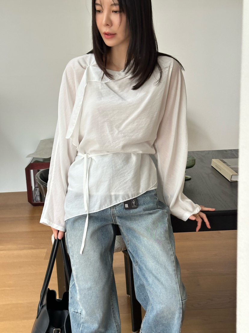 LE VASE韓國代購㊣女士新款人氣推薦時尚襯衫蕾絲衫含腰繩LE VASE襯衫/蕾絲衫