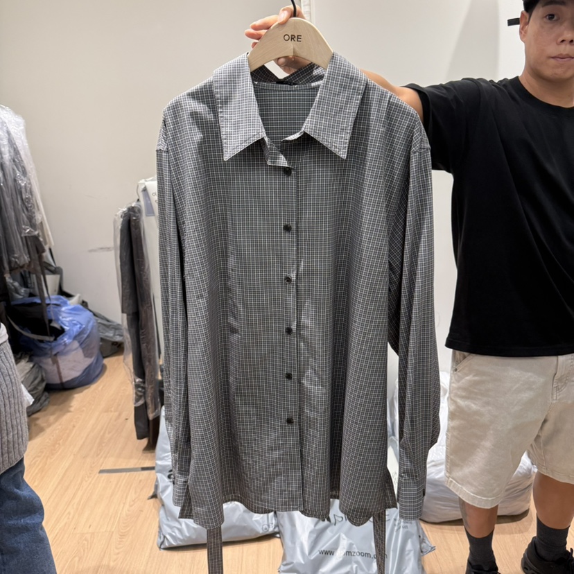 ORE-P韓國代購㊣女裝新款休閑熱賣職業襯衫蕾絲衫含腰帶格紋ORE襯衫/蕾絲衫圖色2