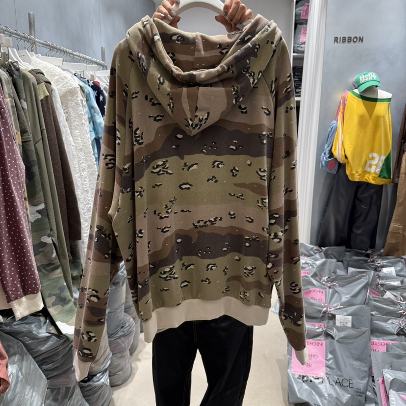 RIBBON韓國直郵㊣女裝新品人氣25秋冬推薦真品衛衣迷彩兜帽RIBBON衛衣