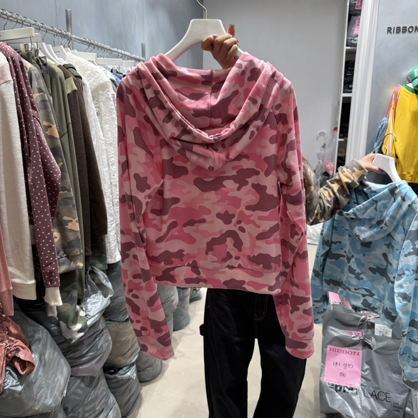 RIBBON東大門㊣代購女裝新品職業時尚休閑衛衣連帽拉鏈衫迷彩RIBBON衛衣