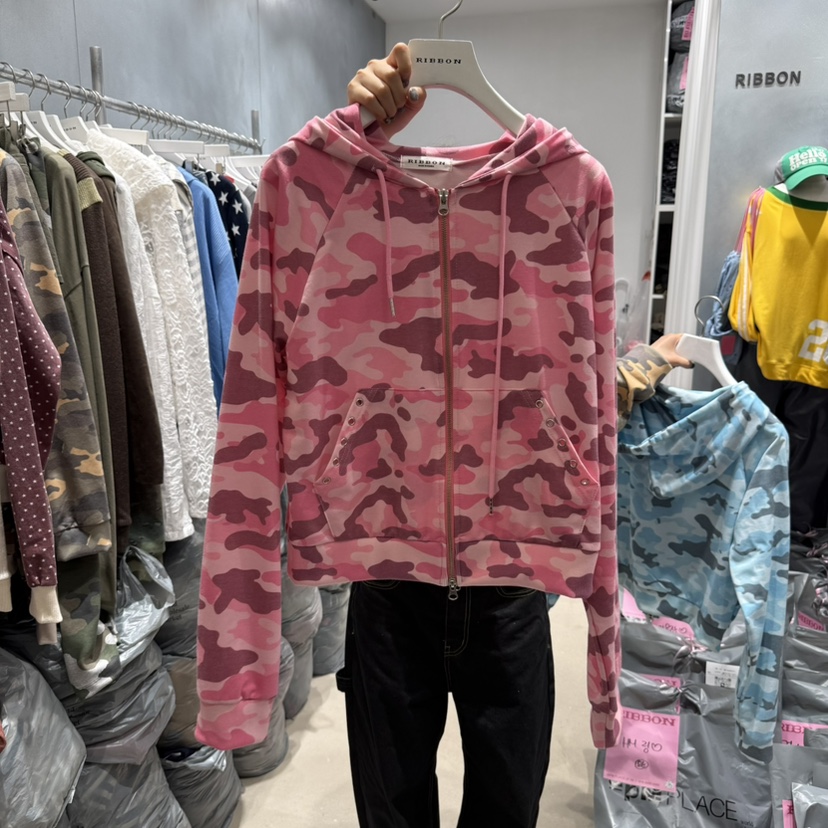 RIBBON東大門㊣代購女裝新品職業時尚休閑衛衣連帽拉鏈衫迷彩RIBBON衛衣圖色1