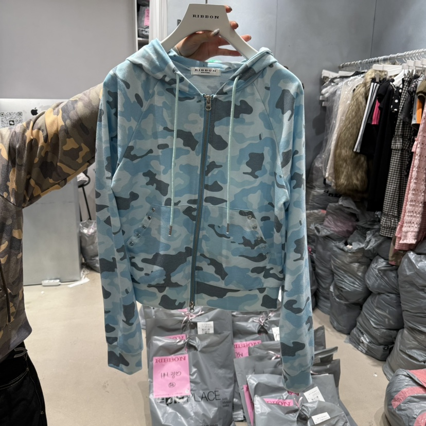 RIBBON東大門㊣代購女裝新品職業時尚休閑衛衣連帽拉鏈衫迷彩RIBBON衛衣圖色2