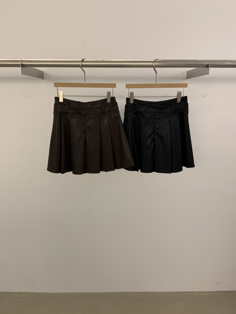 UNDER KEY東大門㊣直郵女士新品人氣短裙褶皺sk含腰帶皮革UNDER KEY短裙