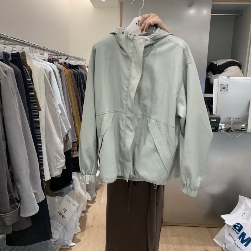 MEET ME韓國代購㊣女裝新品人氣25秋冬職業熱賣夾克皮革連帽MEET ME夾克圖色1