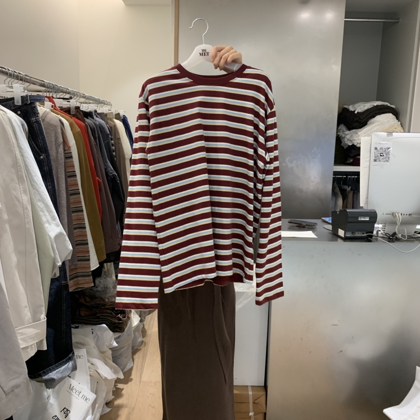 MEET ME東大門㊣實拍女裝新款25秋冬時尚真品長袖T恤狐貍條紋MEET ME長袖T恤圖色2