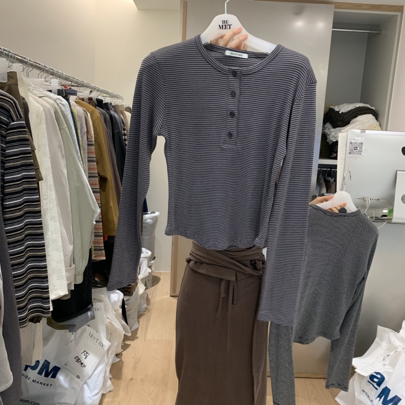 MEET ME東大門㊣實拍女士新品人氣職業休閑25秋冬長袖T恤條紋MEET ME長袖T恤圖色2