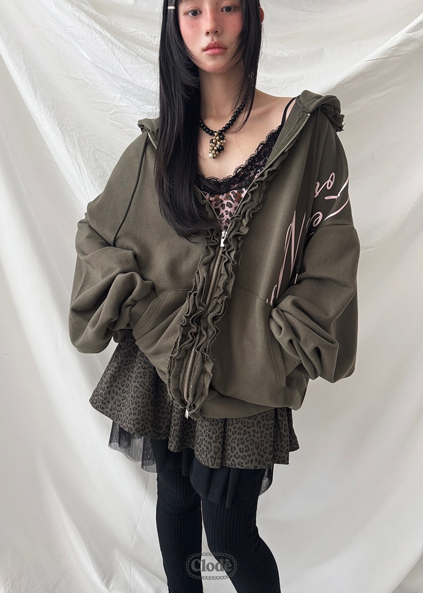 CLODE東大門㊣實拍女士新品推薦熱賣職業衛衣荷葉邊拉鏈連帽CLODE衛衣