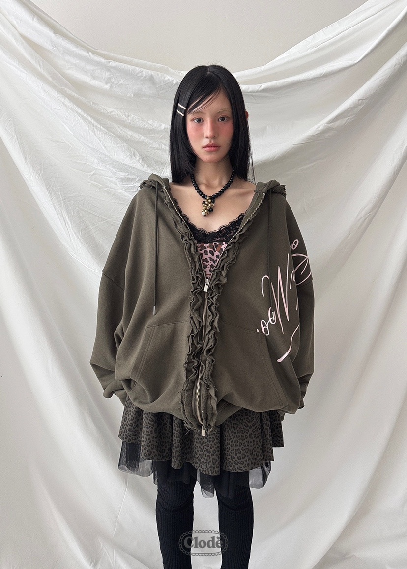 CLODE東大門㊣實拍女士新品推薦熱賣職業衛衣荷葉邊拉鏈連帽CLODE衛衣圖色2