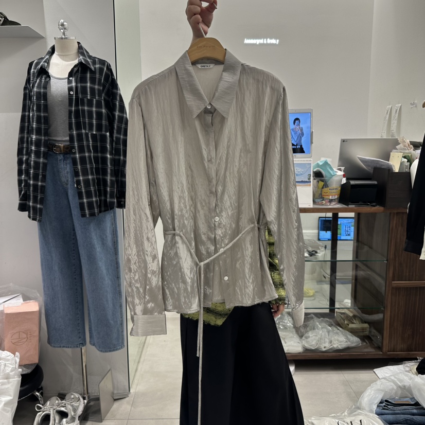 ANN MARGRET韓國直郵㊣女裝新款休閑襯衫蕾絲衫含腰繩GRETA.Y襯衫/蕾絲衫圖色2
