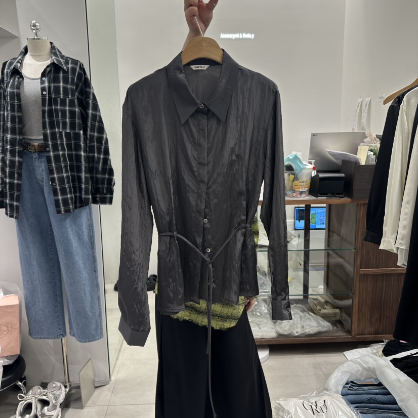 ANN MARGRET韓國直郵㊣女裝新款休閑襯衫蕾絲衫含腰繩GRETA.Y襯衫/蕾絲衫圖色3